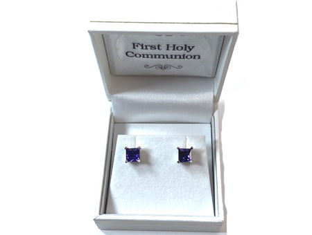 Amethyst February Birthstone Cubic Zirconia Silver Square 3mm x 3mm Claw Set Earring