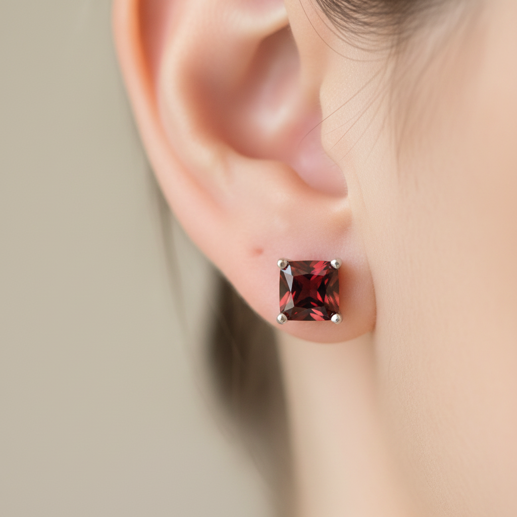 Garnet January Birthstone Cubic Zirconia Silver Square 4mm x 4mm Claw Set Earring