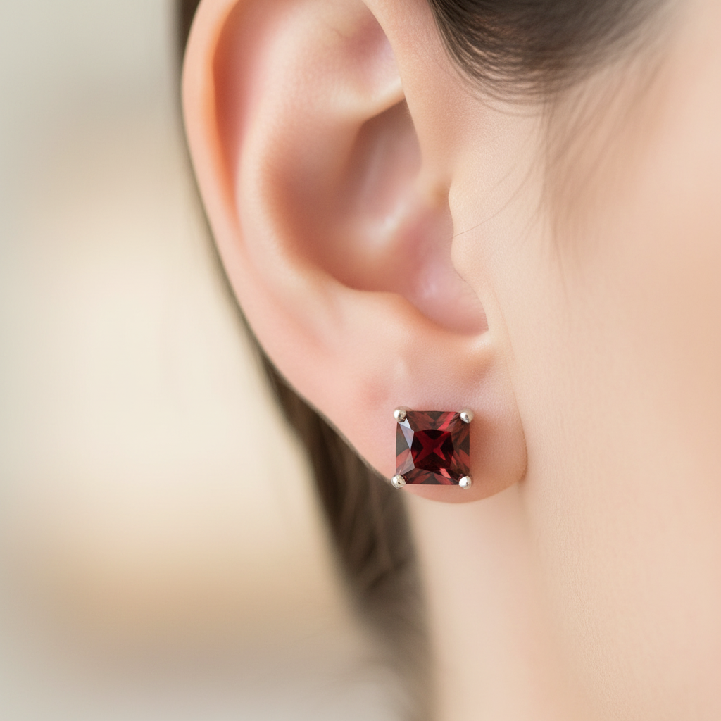 Garnet January Birthstone Cubic Zirconia Silver Square 3mm x 3mm Claw Set Earring .