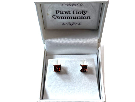 Garnet January Birthstone Cubic Zirconia Silver Square 3mm x 3mm Claw Set Earring .