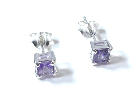 Light Amethyst Cz June Month Birthstone Cubic Zirconia Silver Square 4mm x 4mm Claw Set Earring