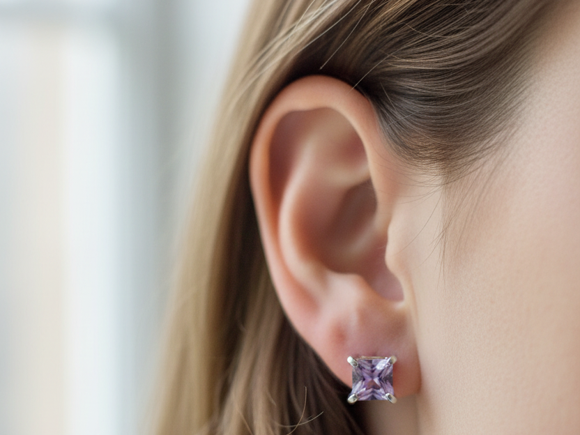 Light Amethyst Cz June Month Birthstone Cubic Zirconia Silver Square 3mm x 3mm Claw Set Earring