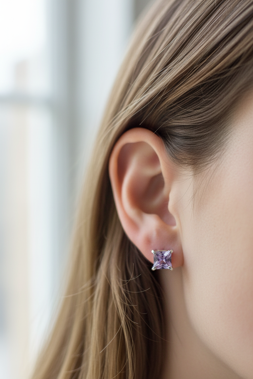 Light Amethyst Cz June Month Birthstone Cubic Zirconia Silver Square 3mm x 3mm Claw Set Earring