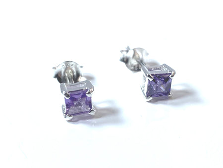 Light Amethyst Cz June Month Birthstone Cubic Zirconia Silver Square 4mm x 4mm Claw Set Earring