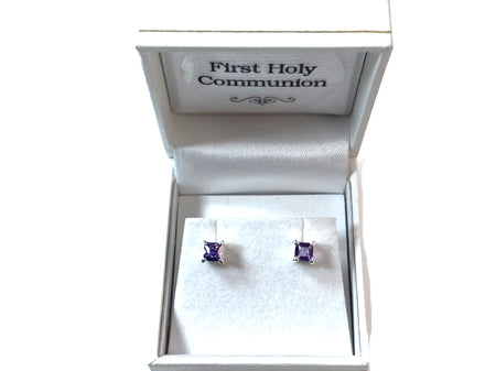 Light Amethyst Cz June Month Birthstone Cubic Zirconia Silver Square 4mm x 4mm Claw Set Earring