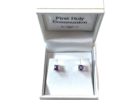 Light Amethyst Cz June Month Birthstone Cubic Zirconia Silver Square 4mm x 4mm Claw Set Earring
