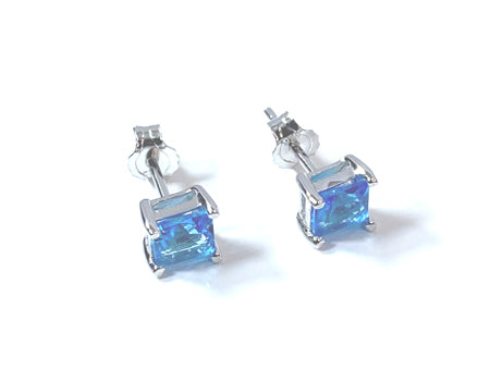 Aquamarine March Birthstone Cubic Zirconia Silver Square 3mm x 3mm Claw Set Earring