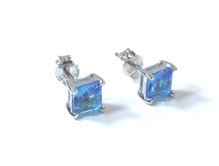 Aquamarine March Birthstone Cubic Zirconia Silver Square 3mm x 3mm Claw Set Earring