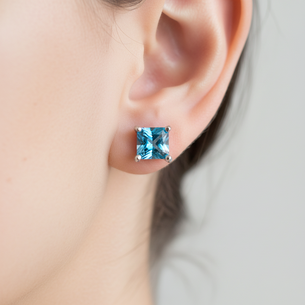 Aquamarine March Birthstone Cubic Zirconia Silver Square 4mm x 4mm Claw Set Earring.