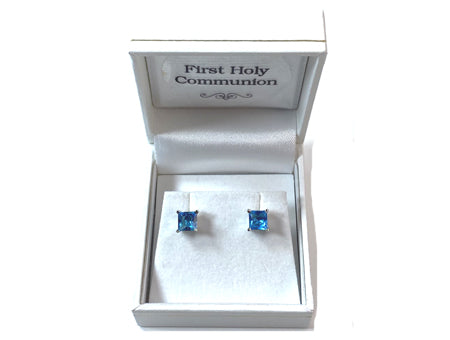Aquamarine March Birthstone Cubic Zirconia Silver Square 4mm x 4mm Claw Set Earring.
