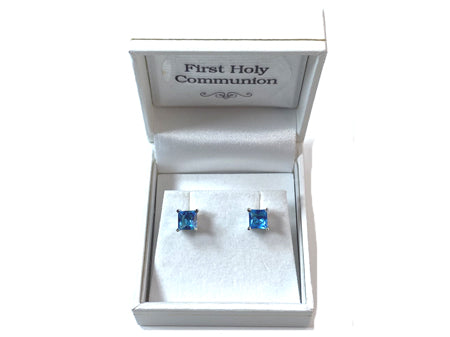 Aquamarine March Birthstone Cubic Zirconia Silver Square 3mm x 3mm Claw Set Earring
