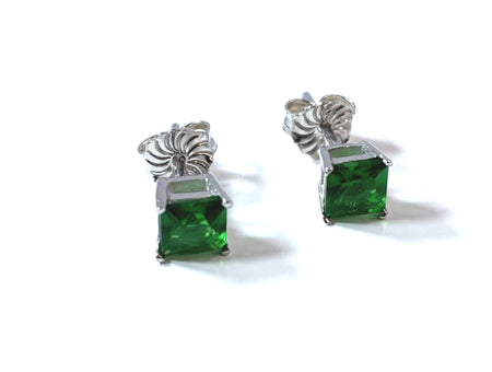 Emerald Cz May Month Birthstone Cubic Zirconia Silver Square 4mm x 4mm Claw Set Earring
