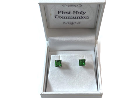 Emerald Cz May Month Birthstone Cubic Zirconia Silver Square 4mm x 4mm Claw Set Earring