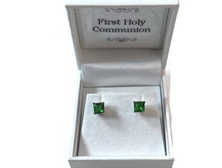 Emerald Cz May Month Birthstone Cubic Zirconia Silver Square 4mm x 4mm Claw Set Earring