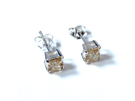 Yellow Topaz Cz November Month Birthstone Cubic Zirconia Silver Square 4mm x 4mm Claw Set Earring