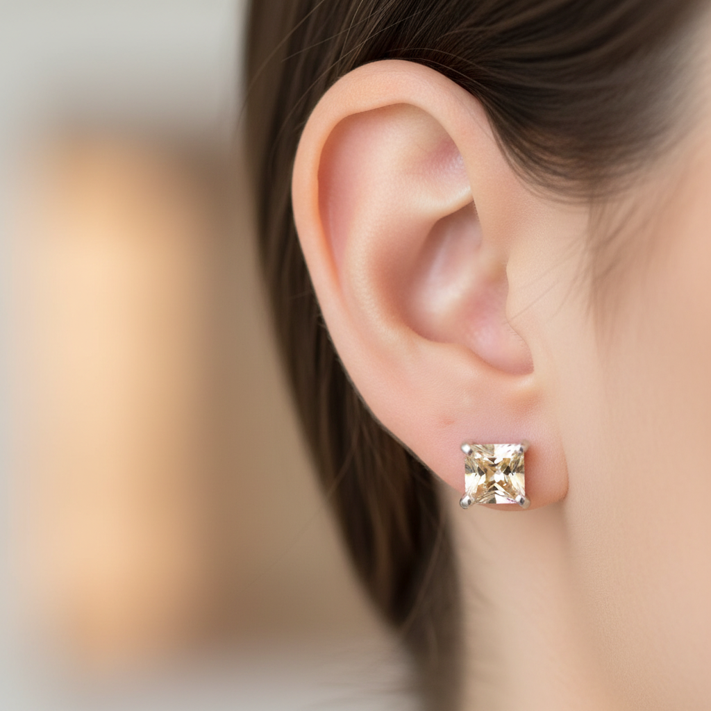 Yellow Topaz Cz November Month Birthstone Cubic Zirconia Silver Square 4mm x 4mm Claw Set Earring