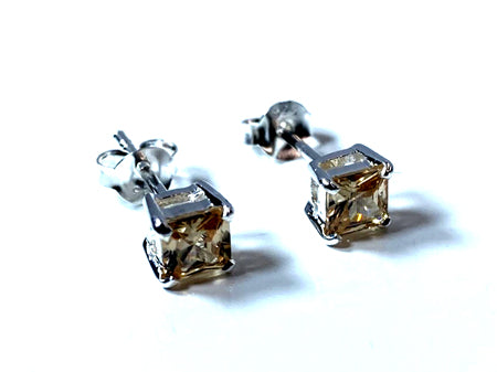 Yellow Topaz Cz November Month Birthstone Cubic Zirconia Silver Square 4mm x 4mm Claw Set Earring