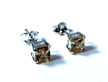 Yellow Topaz Cz November Month Birthstone Cubic Zirconia Silver Square 4mm x 4mm Claw Set Earring