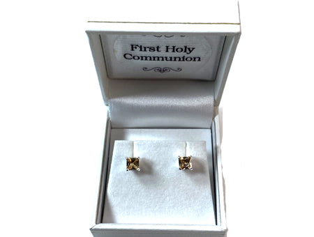 Yellow Topaz Cz November Month Birthstone Cubic Zirconia Silver Square 4mm x 4mm Claw Set Earring