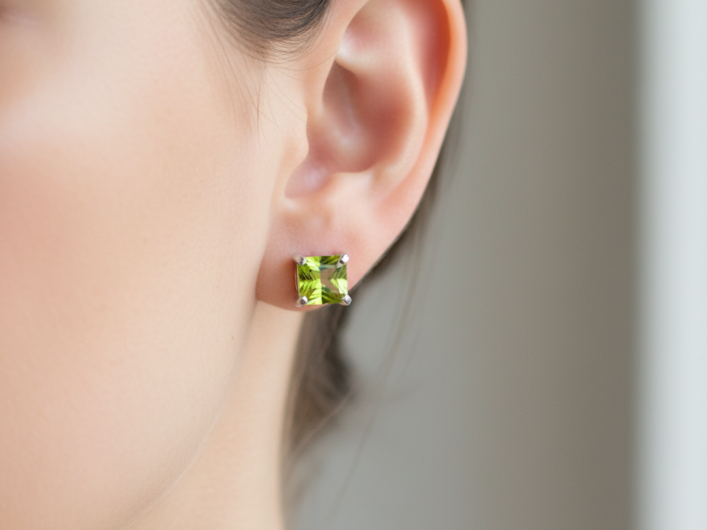Peridot Cz August Month Birthstone Cubic Zirconia Silver Square 3mm x 3mm Claw Set Earring