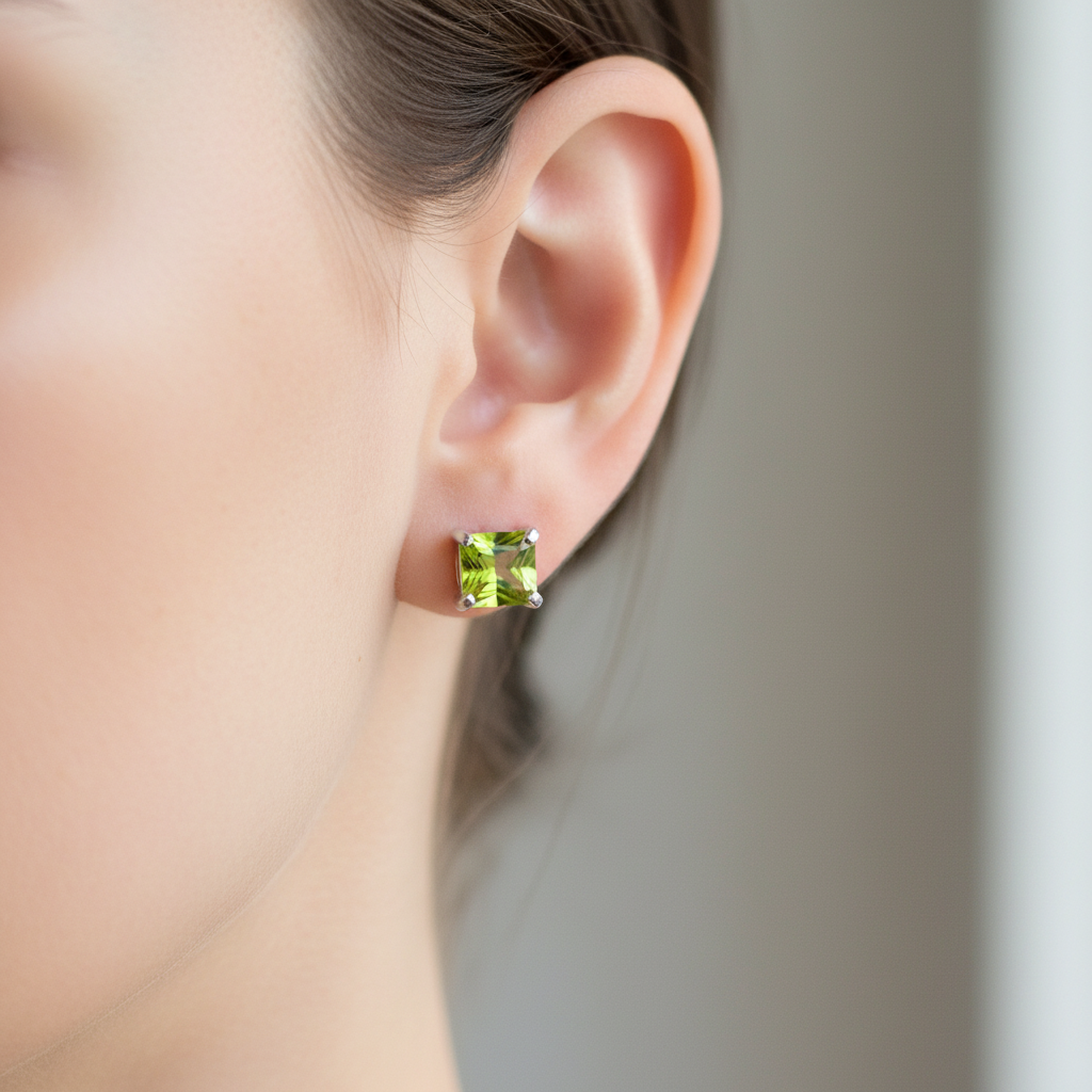 Peridot Cz August Month Birthstone Cubic Zirconia Silver Square 3mm x 3mm Claw Set Earring