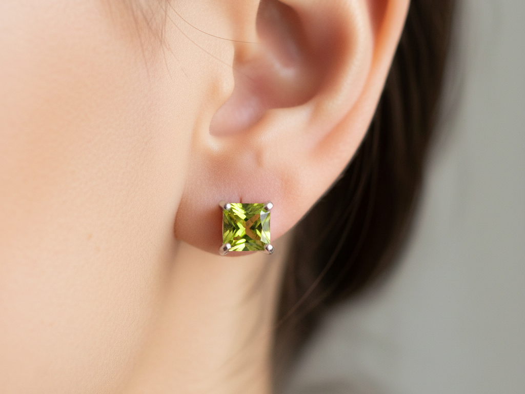 Peridot Cz August Month Birthstone Cubic Zirconia Silver Square 4mm x 4mm Claw Set Earring