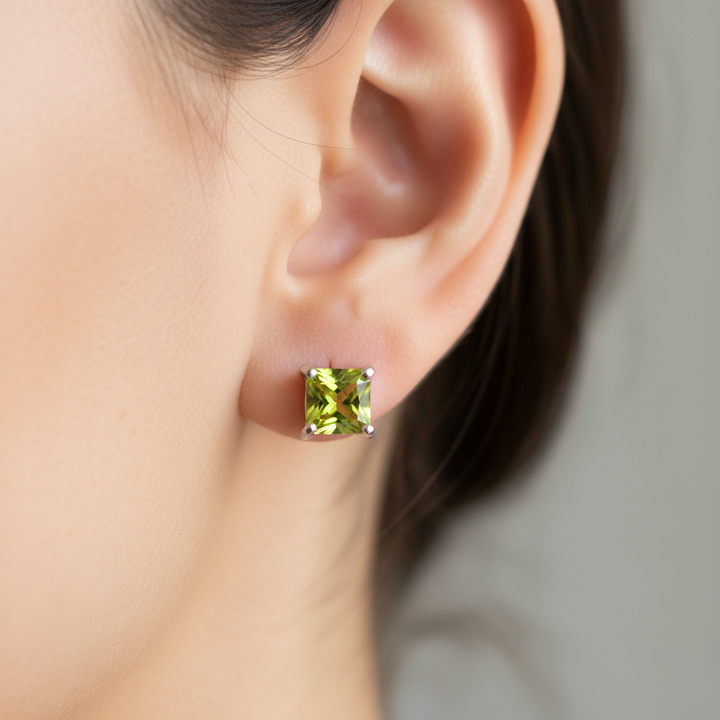 Peridot Cz August Month Birthstone Cubic Zirconia Silver Square 4mm x 4mm Claw Set Earring