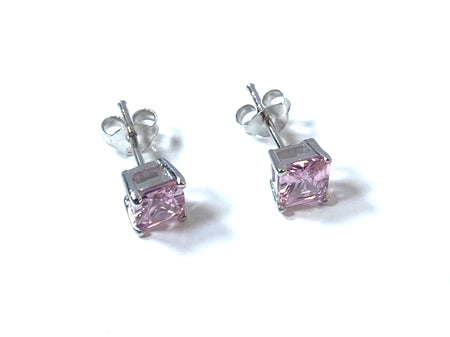 Pink Cz October Month Birthstone Cubic Zirconia Silver Square 4mm x 4mm Claw Set Earring
