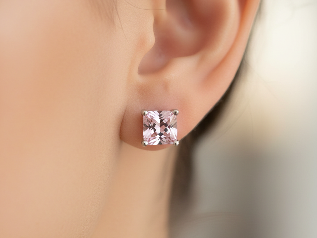 Pink Cz October Month Birthstone Cubic Zirconia Silver Square 4mm x 4mm Claw Set Earring