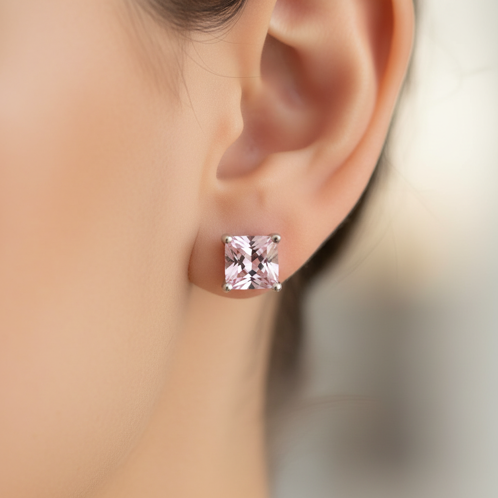 Pink Cz October Month Birthstone Cubic Zirconia Silver Square 4mm x 4mm Claw Set Earring