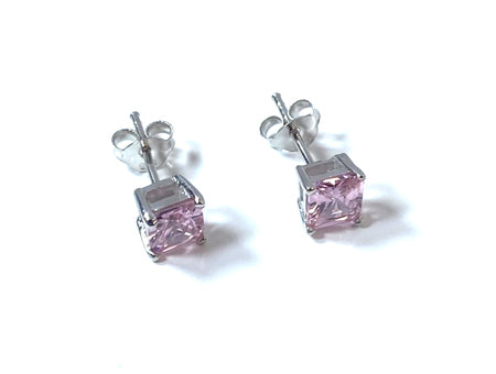 Pink Cz October Month Birthstone Cubic Zirconia Silver Square 3mm x 3mm Claw Set Earring