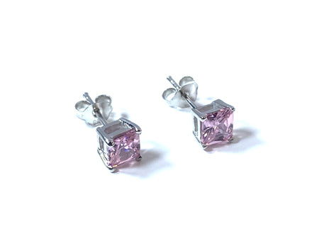 Pink Cz October Month Birthstone Cubic Zirconia Silver Square 4mm x 4mm Claw Set Earring
