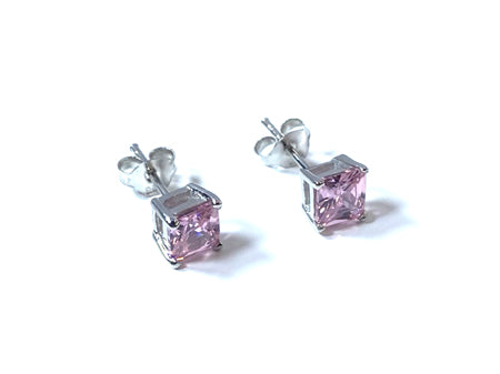Pink Cz October Month Birthstone Cubic Zirconia Silver Square 3mm x 3mm Claw Set Earring
