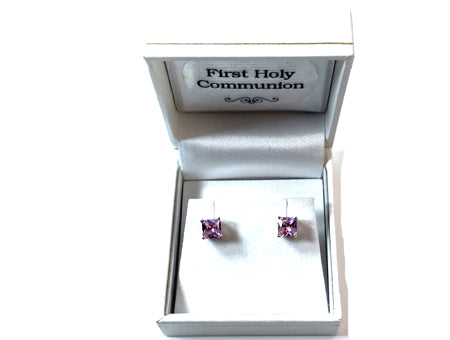 Pink Cz October Month Birthstone Cubic Zirconia Silver Square 4mm x 4mm Claw Set Earring