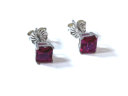 Ruby Cz July Month Birthstone Cubic Zirconia Silver Square 4mm x 4mm Claw Set Earring Boxed.