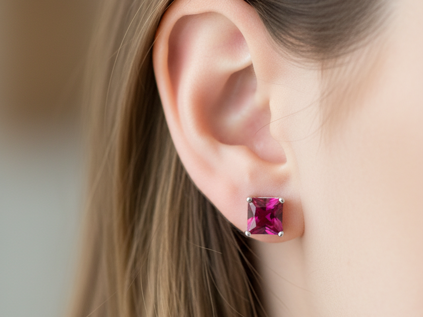 Ruby Cz July Month Birthstone Cubic Zirconia Silver Square 3mm x 3mm Claw Set Earring
