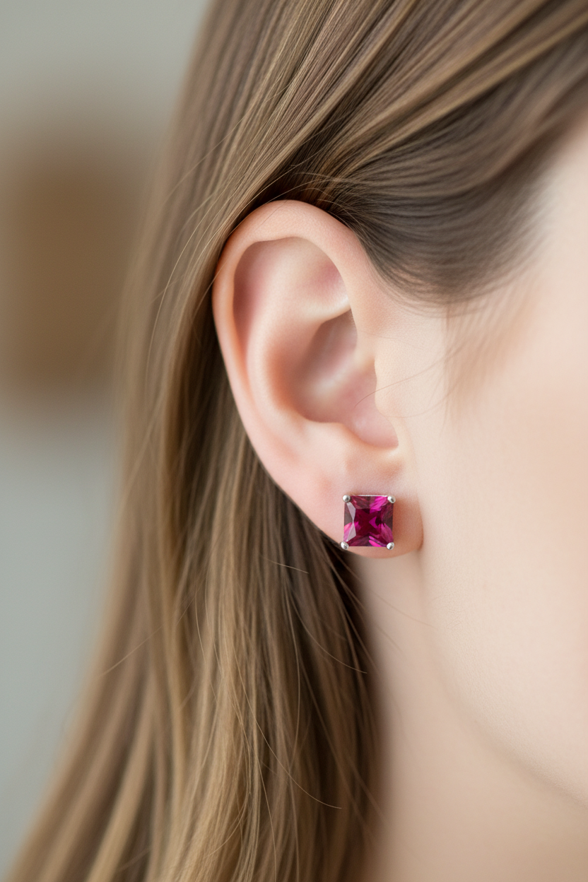 Ruby Cz July Month Birthstone Cubic Zirconia Silver Square 3mm x 3mm Claw Set Earring