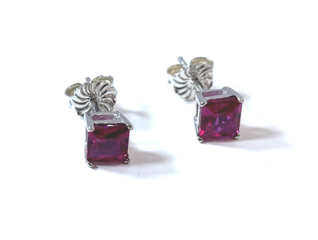 Ruby Cz July Month Birthstone Cubic Zirconia Silver Square 4mm x 4mm Claw Set Earring Boxed.