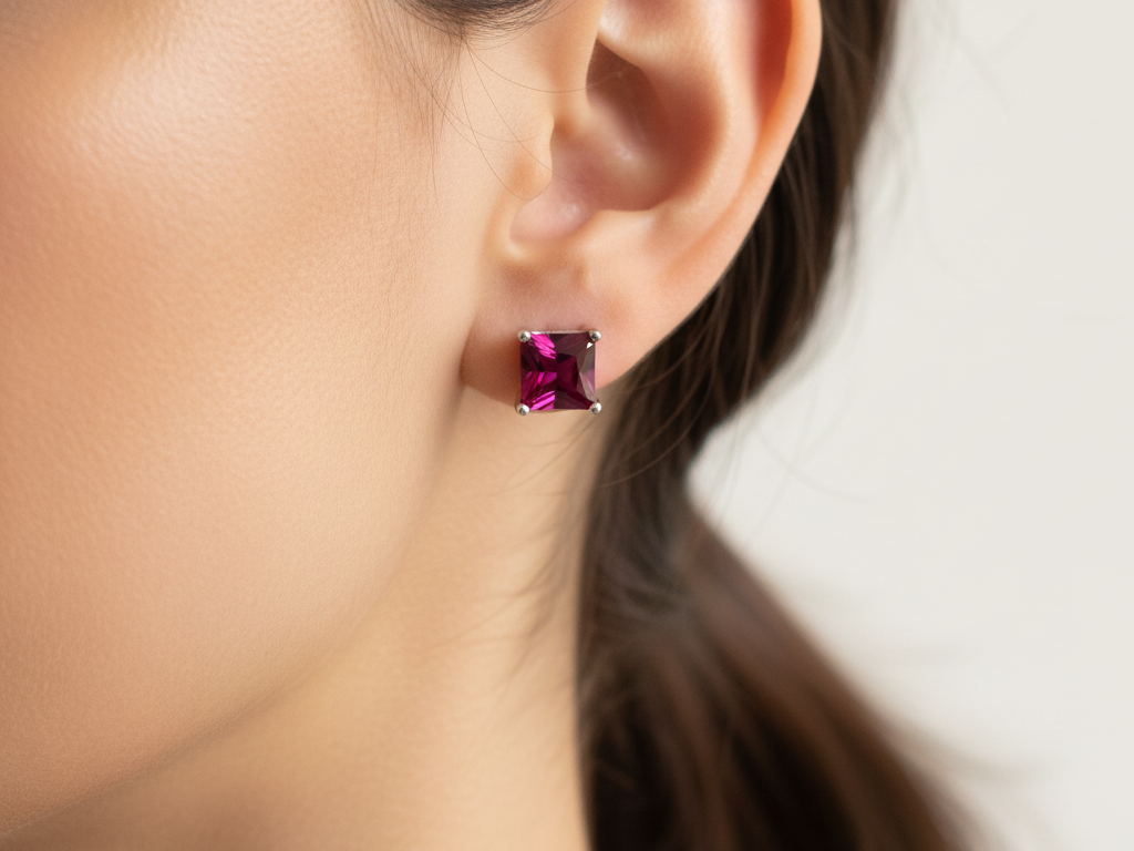Ruby Cz July Month Birthstone Cubic Zirconia Silver Square 4mm x 4mm Claw Set Earring Boxed.