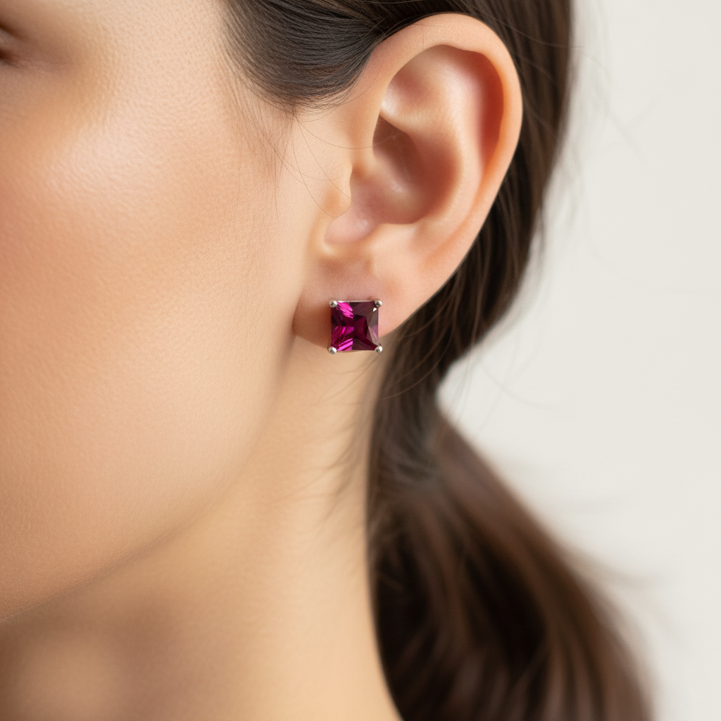 Ruby Cz July Month Birthstone Cubic Zirconia Silver Square 4mm x 4mm Claw Set Earring Boxed.
