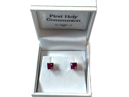 Ruby Cz July Month Birthstone Cubic Zirconia Silver Square 4mm x 4mm Claw Set Earring Boxed.