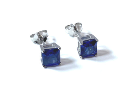 Sapphire Cz September Month Birthstone Cubic Zirconia Silver Square 4mm x 4mm Claw Set Earring