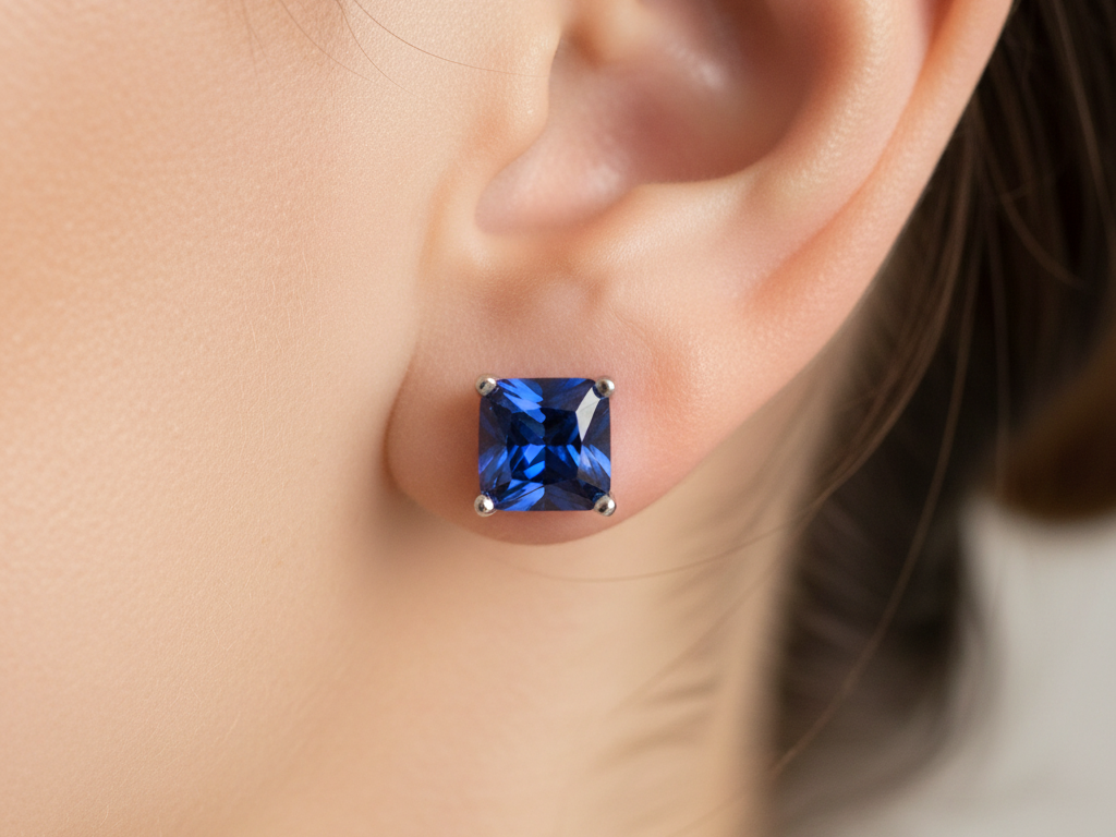 Sapphire Cz September Month Birthstone Cubic Zirconia Silver Square 4mm x 4mm Claw Set Earring