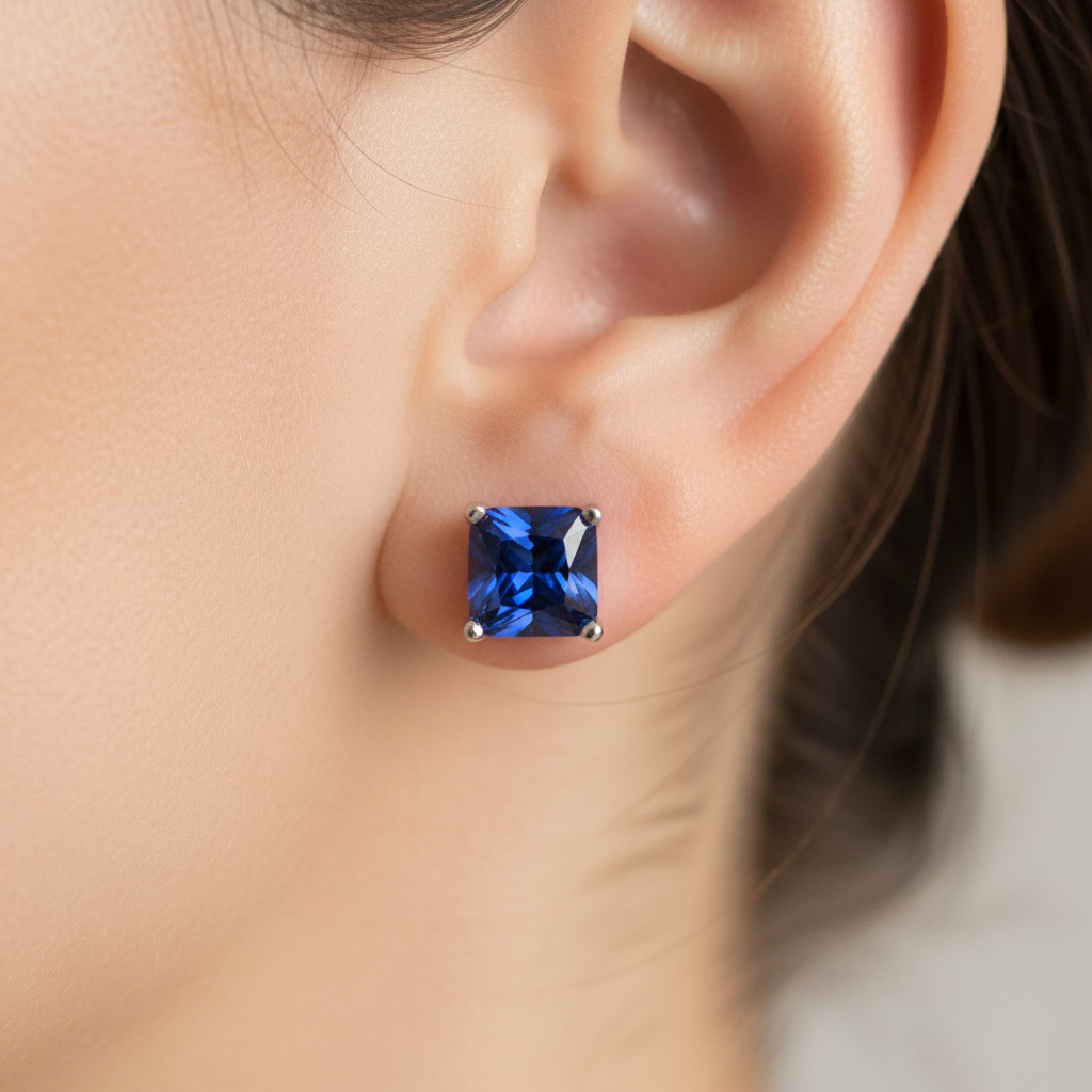 Sapphire Cz September Month Birthstone Cubic Zirconia Silver Square 4mm x 4mm Claw Set Earring