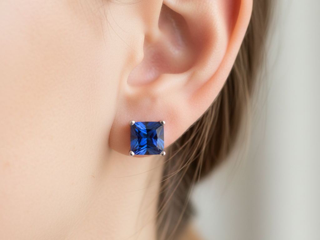 Sapphire Cz September Month Birthstone Cubic Zirconia Silver Square 4mm x 4mm Claw Set Earrin