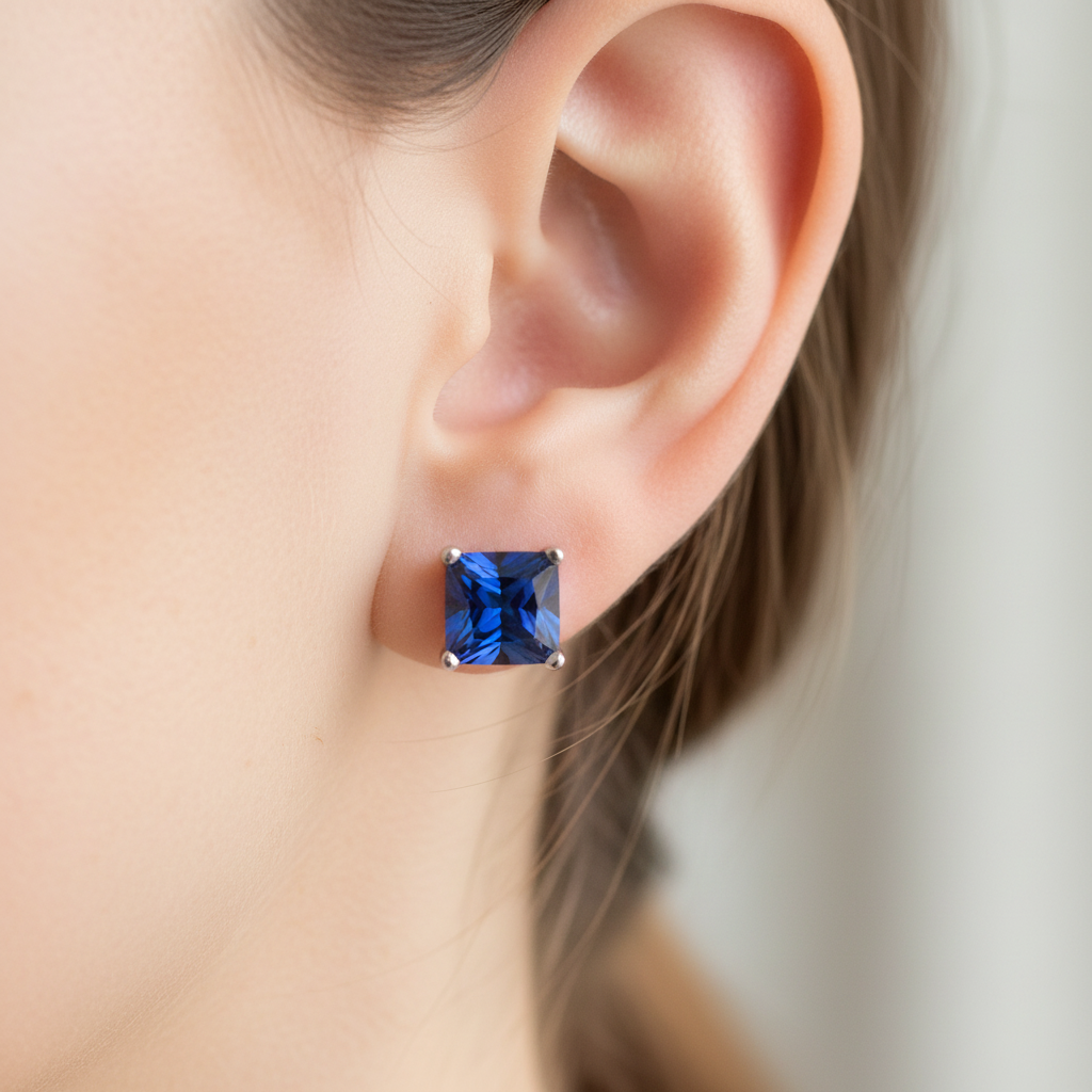 Sapphire Cz September Month Birthstone Cubic Zirconia Silver Square 4mm x 4mm Claw Set Earrin