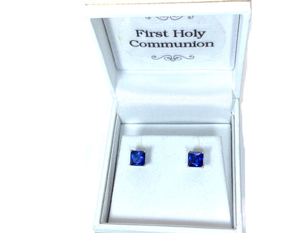 Sapphire Cz September Month Birthstone Cubic Zirconia Silver Square 4mm x 4mm Claw Set Earring