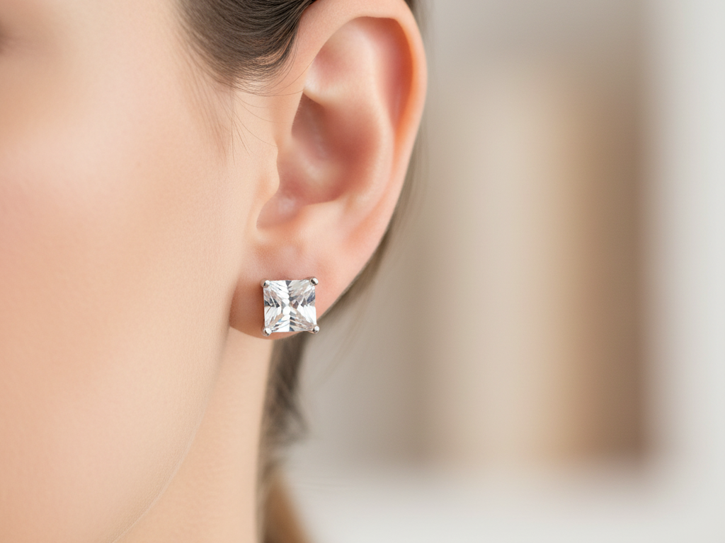 White Cz April Month Birthstone Cubic Zirconia Silver Square 3mm x 3mm Claw Set Earring