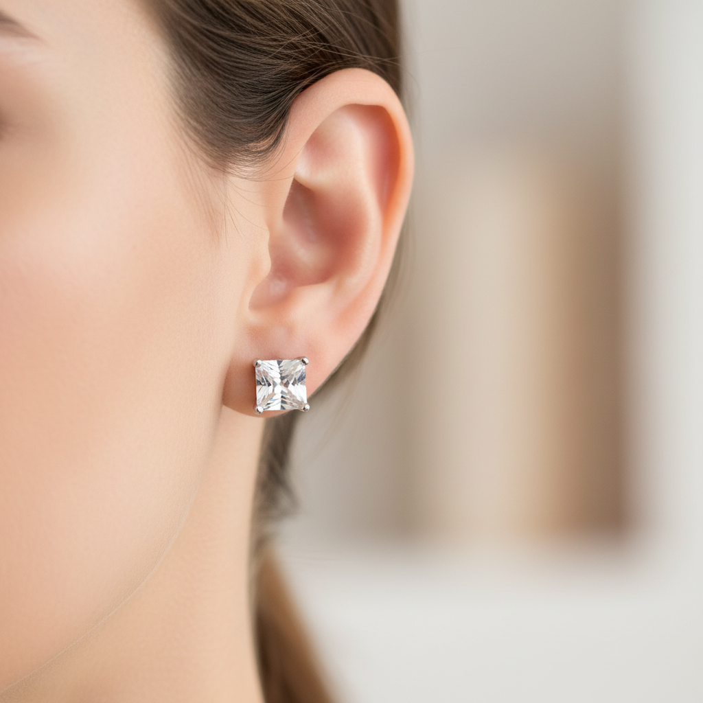 White Cz April Month Birthstone Cubic Zirconia Silver Square 3mm x 3mm Claw Set Earring