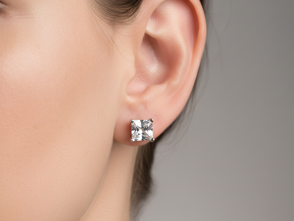 White Cz April Month Birthstone Cubic Zirconia Silver Square 4mm x 4mm Claw Set Earring